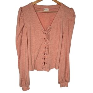 Peach Love Womens Peach Lace Up Front Puff Sleeve Corset Style Top Size Large